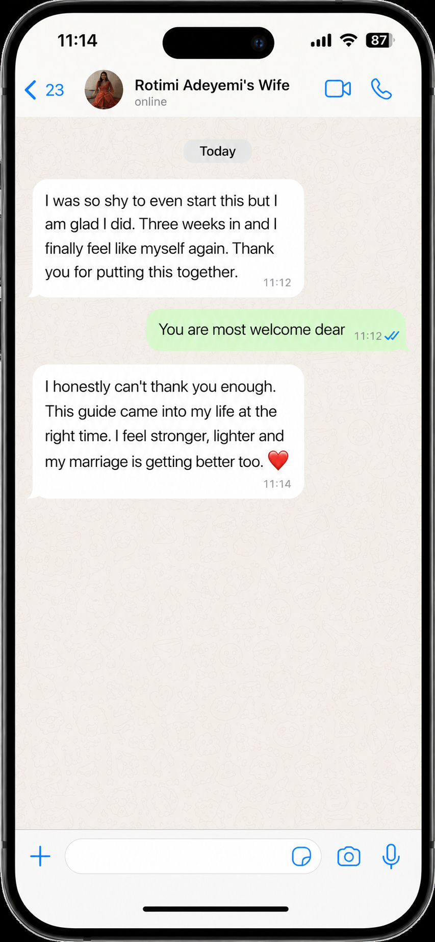 WhatsApp message showing gratitude from a buyer
