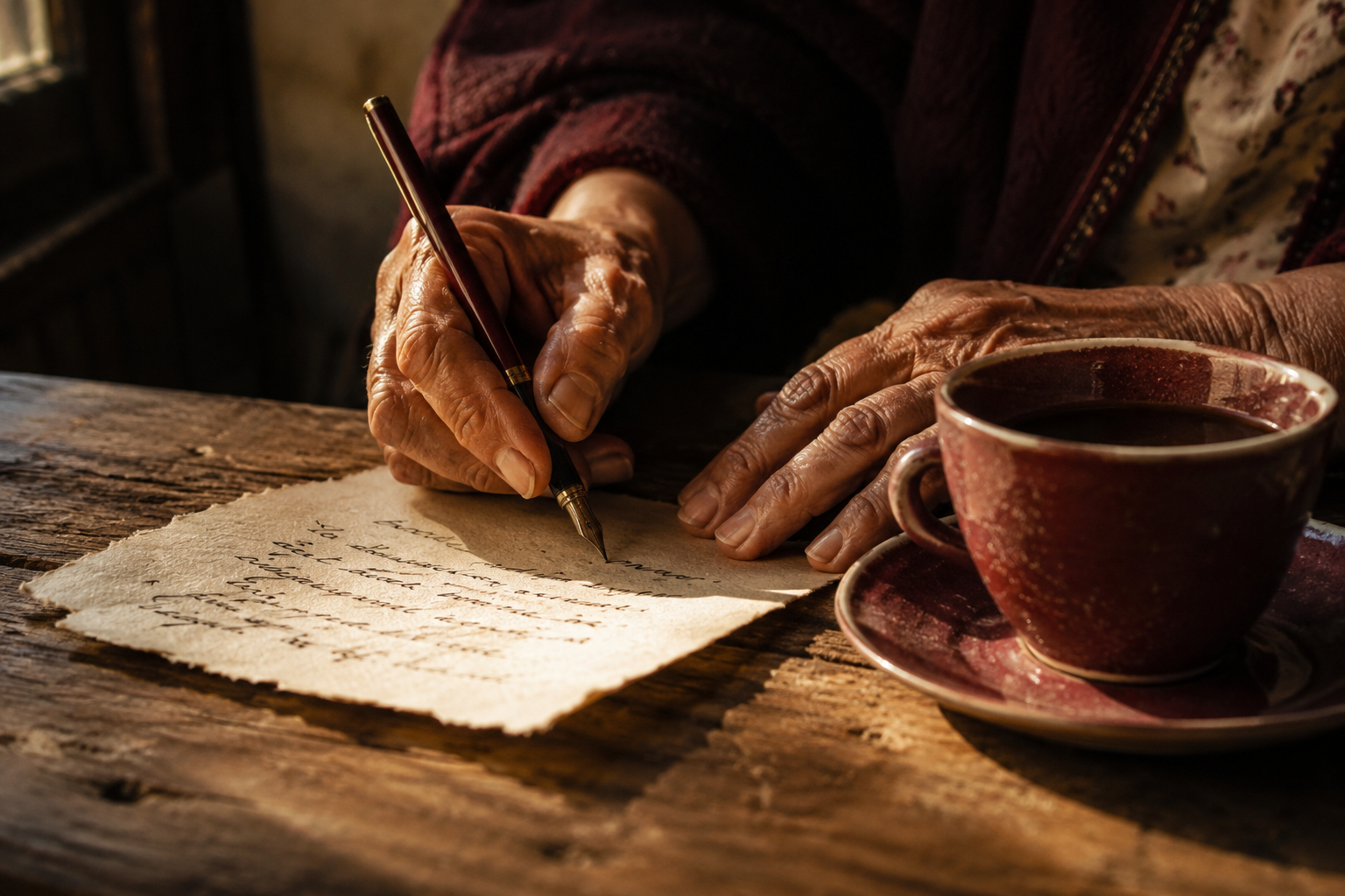 Grandmother's hands writing on paper beside a teacup